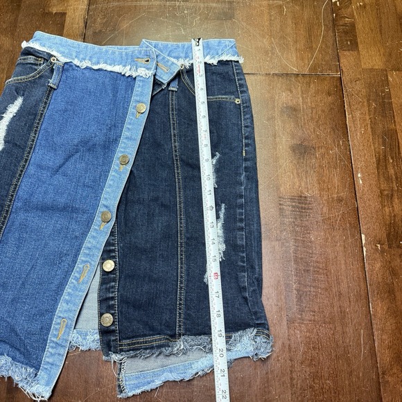 SJYP Womens Denim Patchwork Asymmetrical Fringe Pencil Skirt Blue Size Medium‎ - Picture 8 of 8